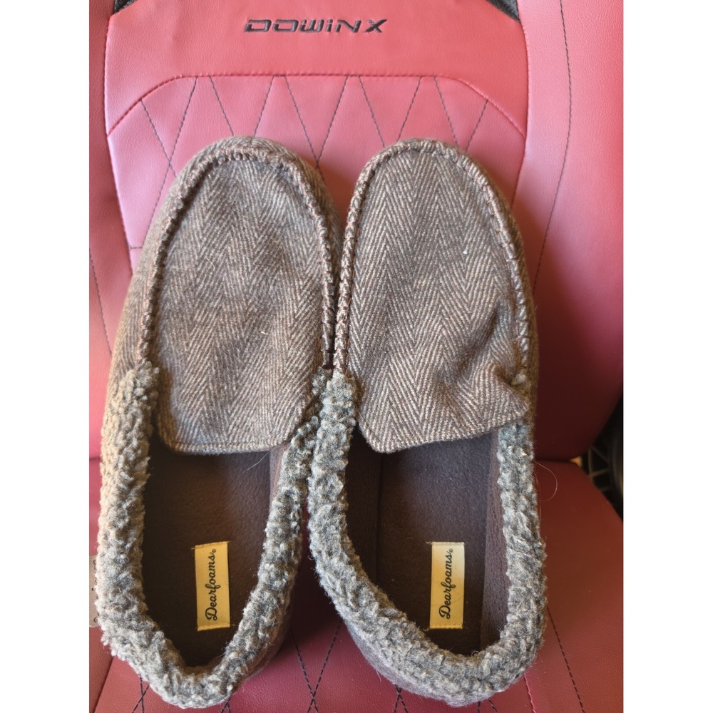 Dearfoams Moccasin Slippers Mens Size US 13 Brown Herringbone Memory Foam